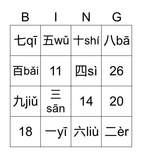 小学数字bingo Card