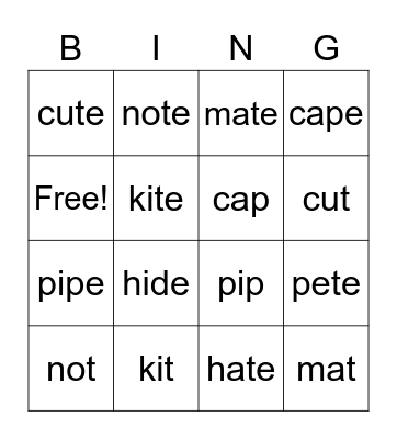 magic -e Bingo Card