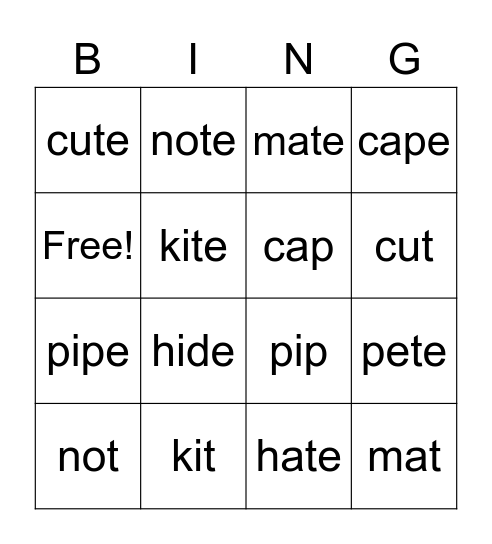 magic -e Bingo Card