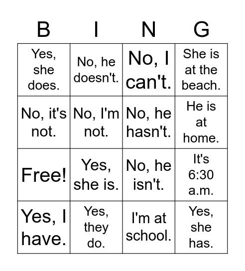 Grammar Q&A Bingo Card
