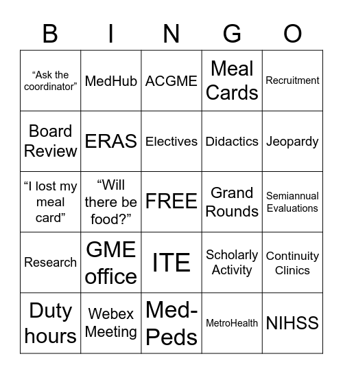 Residency Bingo Card