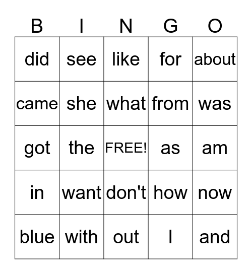 SIGHT WORD BINGO Card