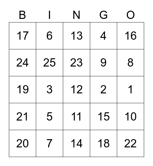 1-25 Numbers Bingo Card