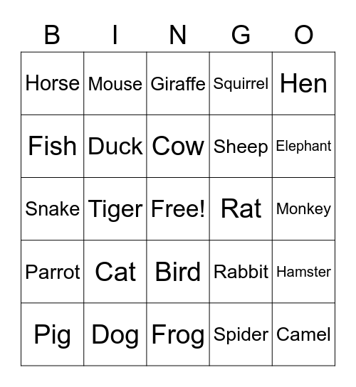 Pets Bingo Card