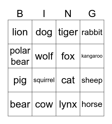 Animals Bingo Card