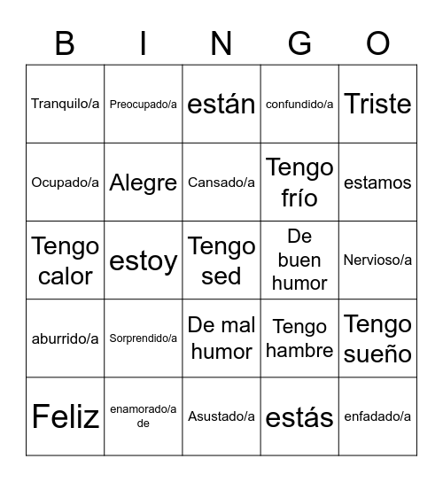 Las emociones Bingo Card