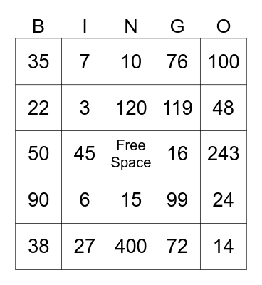 ABSOLUTE VALUE BINGO Card