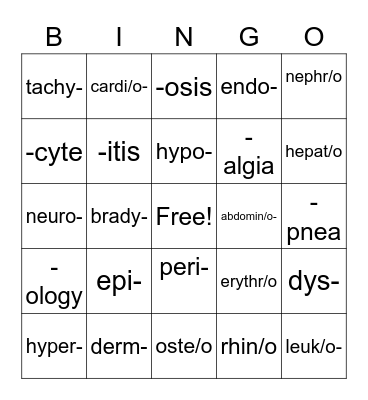 Medical Terminology Bingo Card