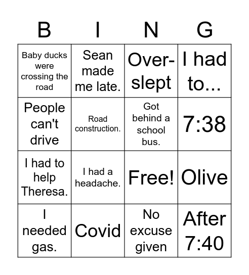 CHRIS IS LATE BINGO Card
