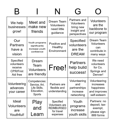 "Be The Dream" Bingo Card