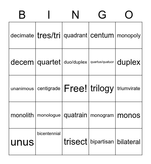 Vocabulary 1-2 Bingo Card