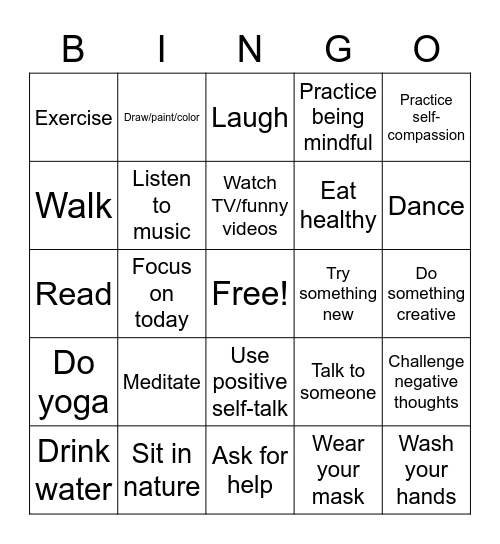 Coping Skills Bingo Card