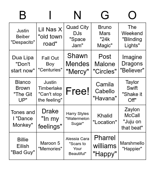 Music Bingo Card