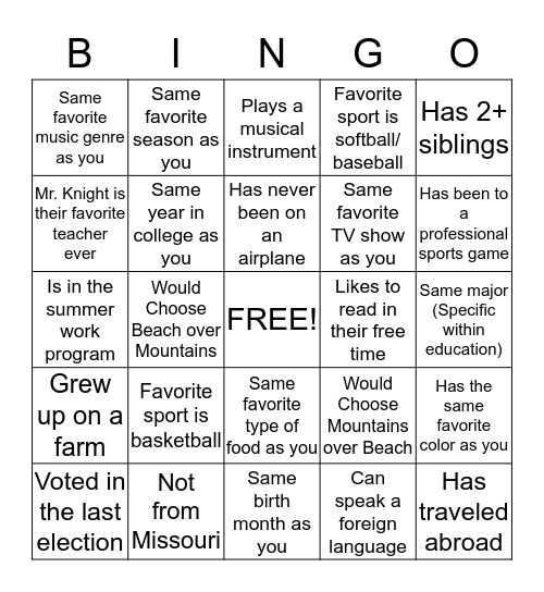 Untitled Bingo Card