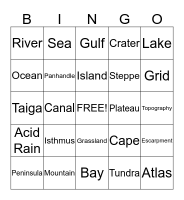 Geography Vocabulary Bingo Card