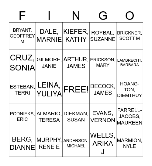 Finance Division Retreat Bingo Card