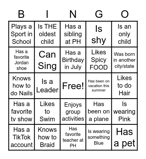 GET TO KNOW ME Bingo Card