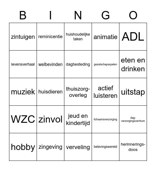 Ondersteuning bij zinvolle dagbesteding Bingo Card