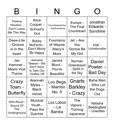 One Hit Wonders Bingo Card