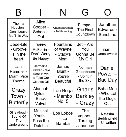 One Hit Wonders Bingo Card