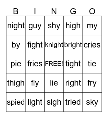 Long I Bingo Card