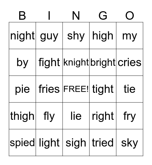 Long I Bingo Card
