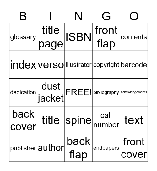 Parts of a Book Bingo Card