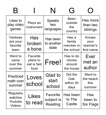 First Day of School Bingo Card