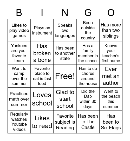 First Day of School Bingo Card