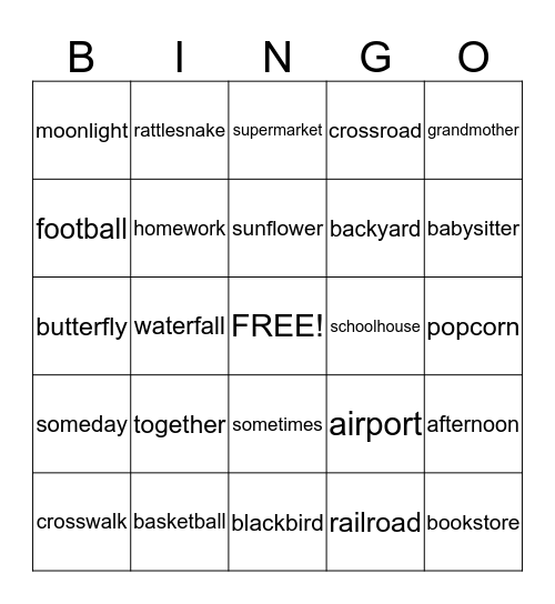 Compound Words Bingo Card