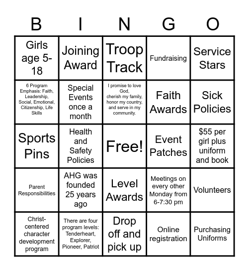 AHG Bingo Card