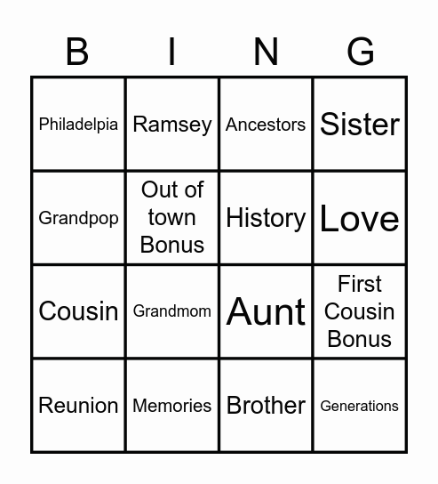 Cousins' Bingo Card