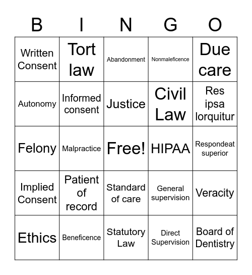 Dental Law and Ethics Bingo Card