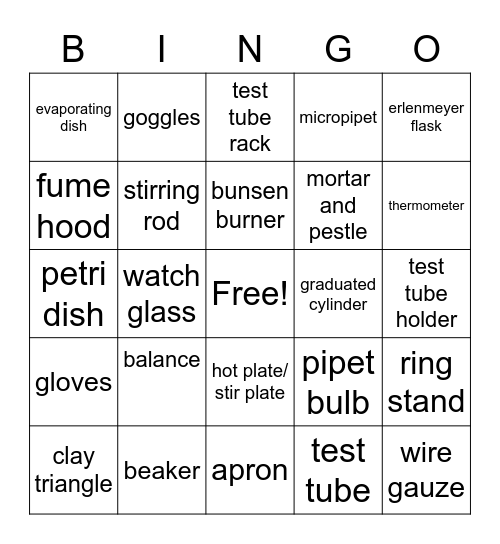 Lab Materials Bingo Card