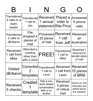 BINGO - Admin Asst Bingo Card