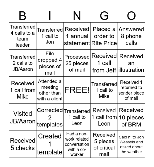 BINGO - Admin Asst Bingo Card