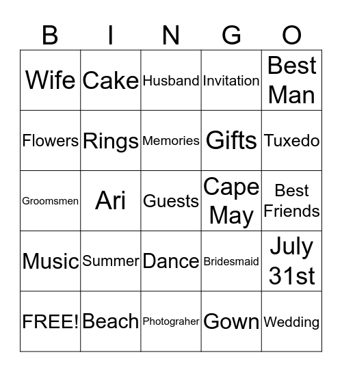 Bridal Bingo Card