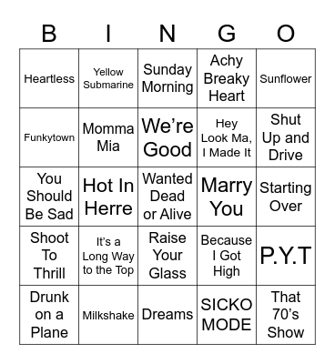Music Bingo 110 Bingo Card