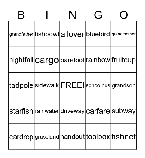 Compound Words Bingo Card