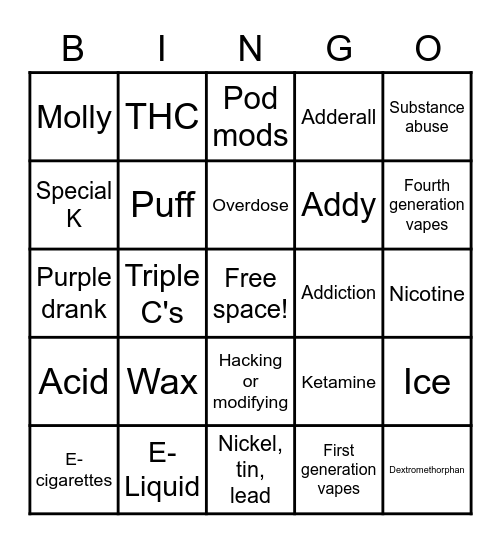 Substance Use & Abuse Bingo Card