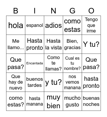Spanish Greetings Bingo Card