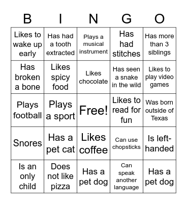 Get to know me BINGO Card