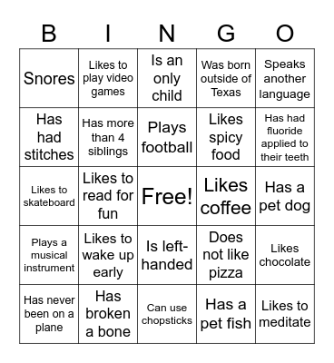 Get to know me BINGO Card