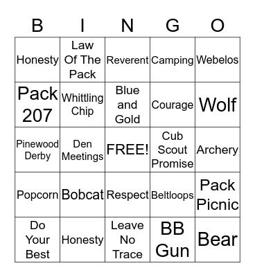 Cub Scout BINGO Card
