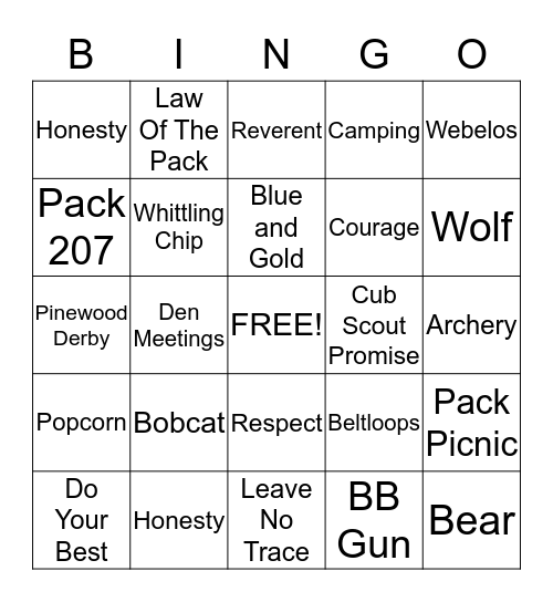 Cub Scout BINGO Card