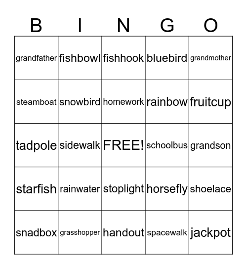 Compound Words Bingo Card