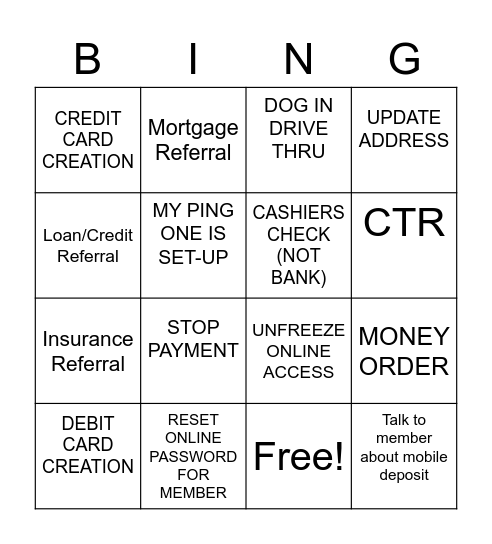 Teller/Banker Bingo Card
