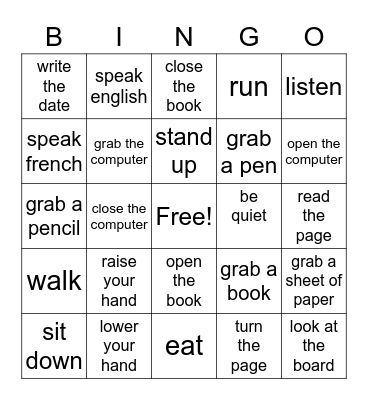 Classroom Commands Bingo Card