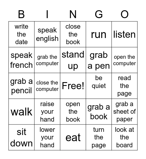 Classroom Commands Bingo Card