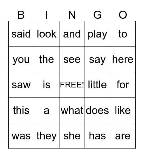 Star Words Bingo Card
